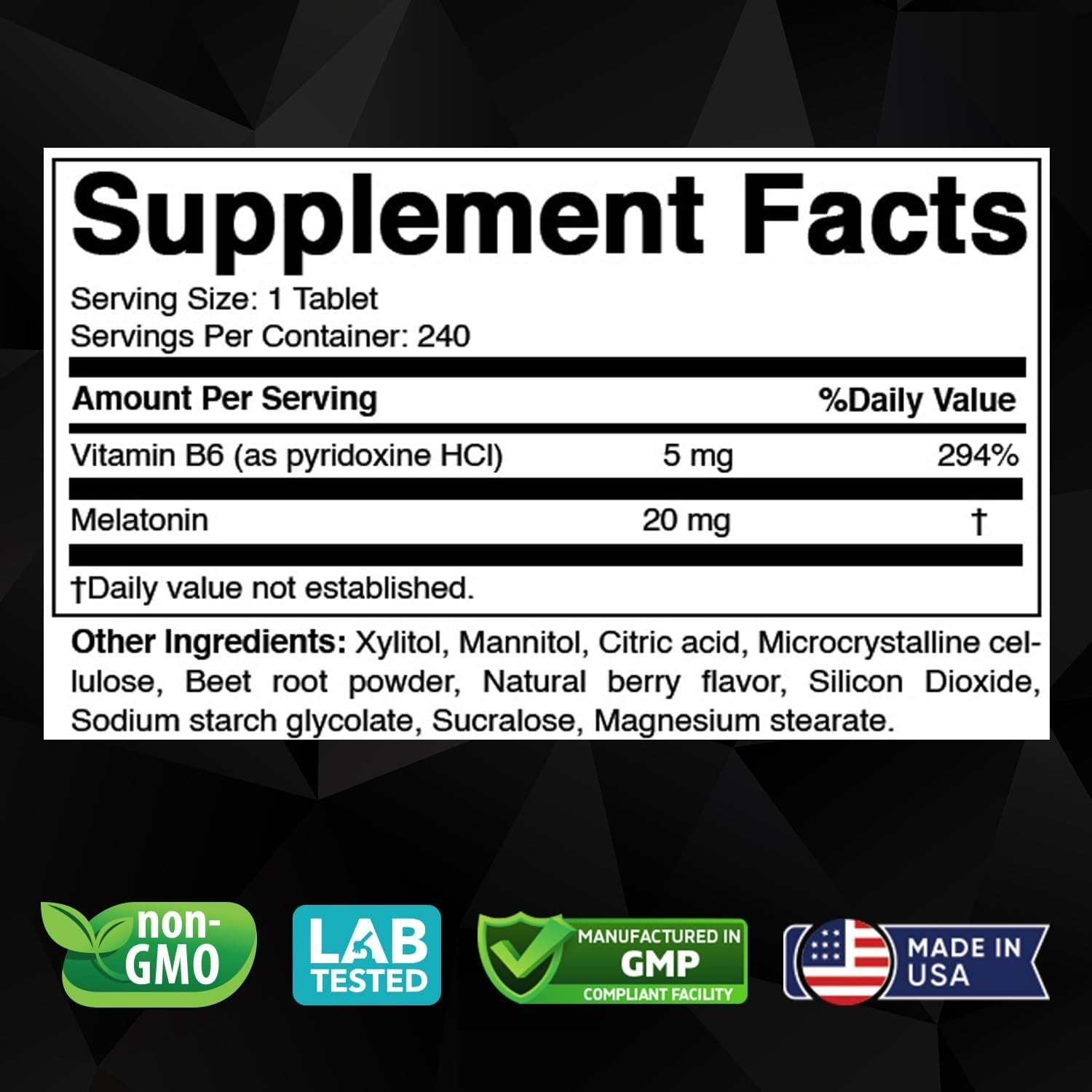 Melatonin 20 Mg – 240 Fast Dissolve Tablets – Drug Free – Natural Berry Flavor –