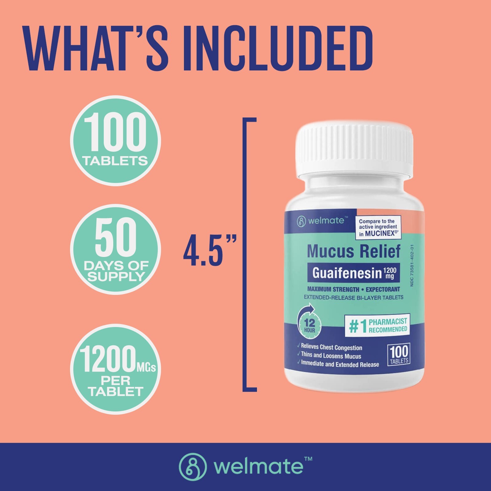 Welmate Mucus Relief | Guaifenesin 1200 mg Maximum Strength | 100 Count