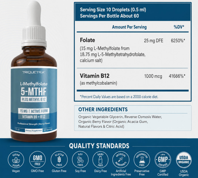 L-Methylfolate 5-MTHF Methyl B12 Liquid Folate Supplement 15mg 60 Servings