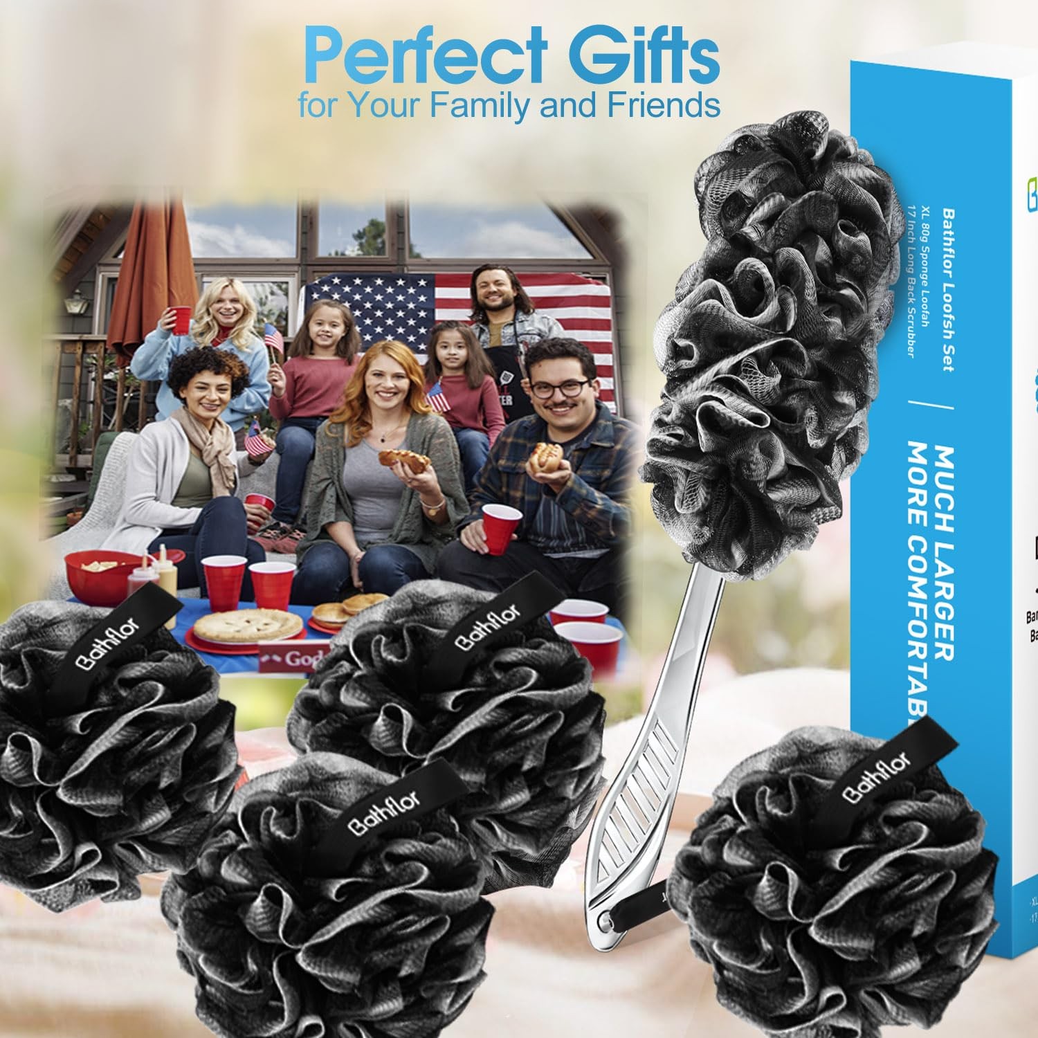 6 PCS Black Charcoal Loofah Set, 4 XL 80g Poufs, 1 Long Handle Back Scrubber
