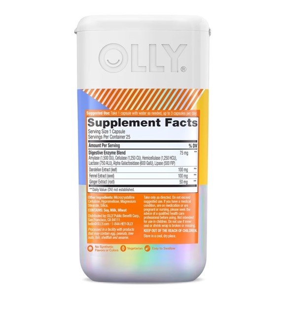 OLLY BEAT THE BLOAT Digestive Support Enzymes**Supplement 25 Caps**Exp 7/2026