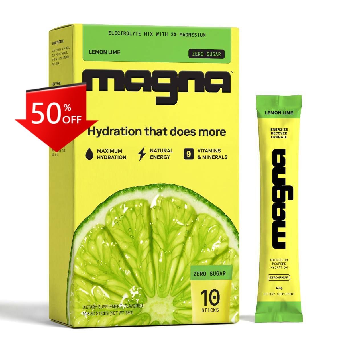 Magna Hydration Electrolyte Mix Stick Pack Dietary Supplement Vegan Powder -10ct