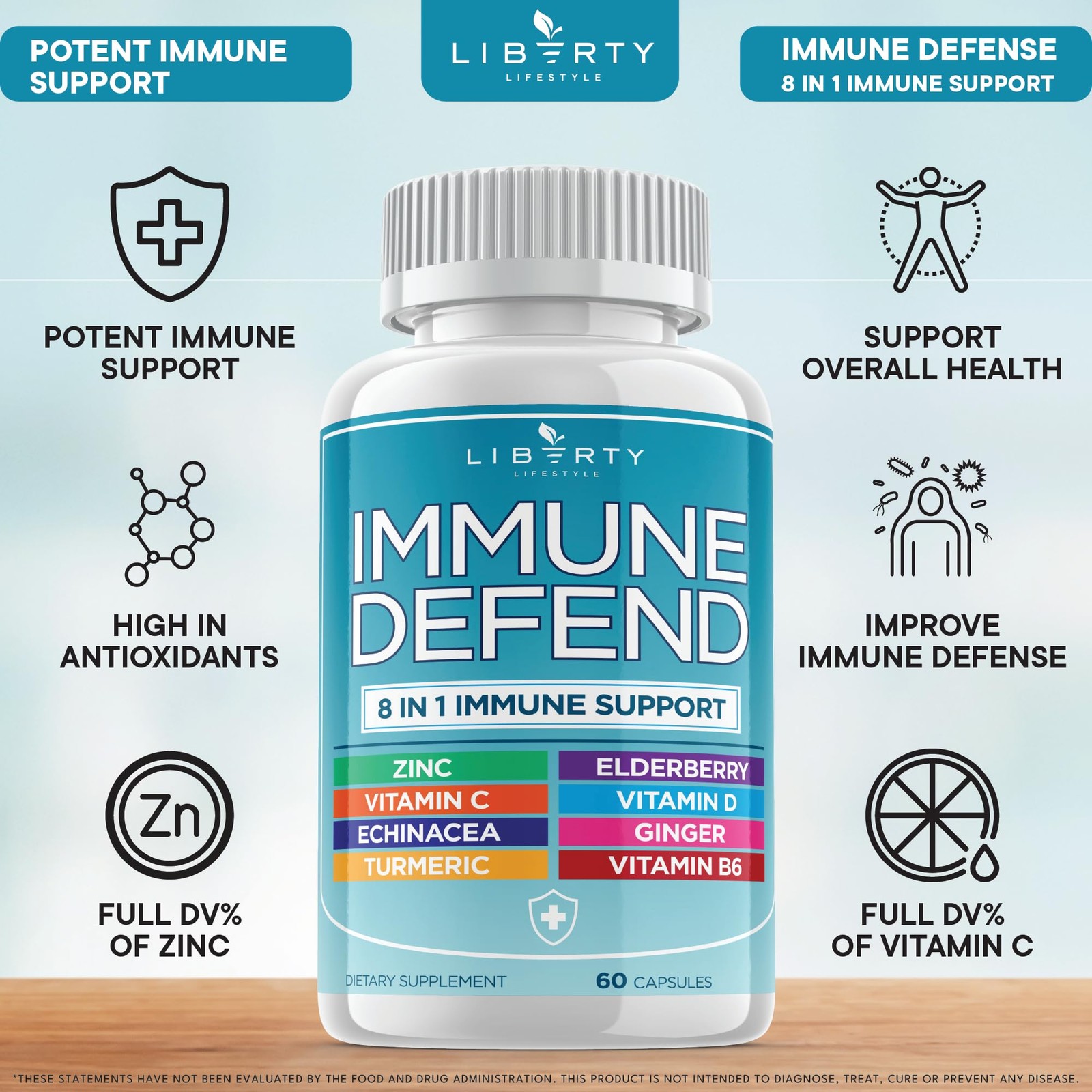 Liberty Lifestyle 8 in 1 Immune Supplement with 60 Count (Pack of 3)