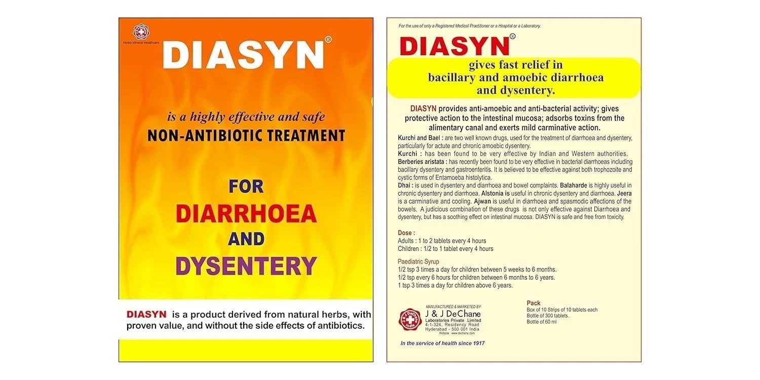 J & J DeChane Diasyn 10×10 Tabs For Diarrhea & Dysentery