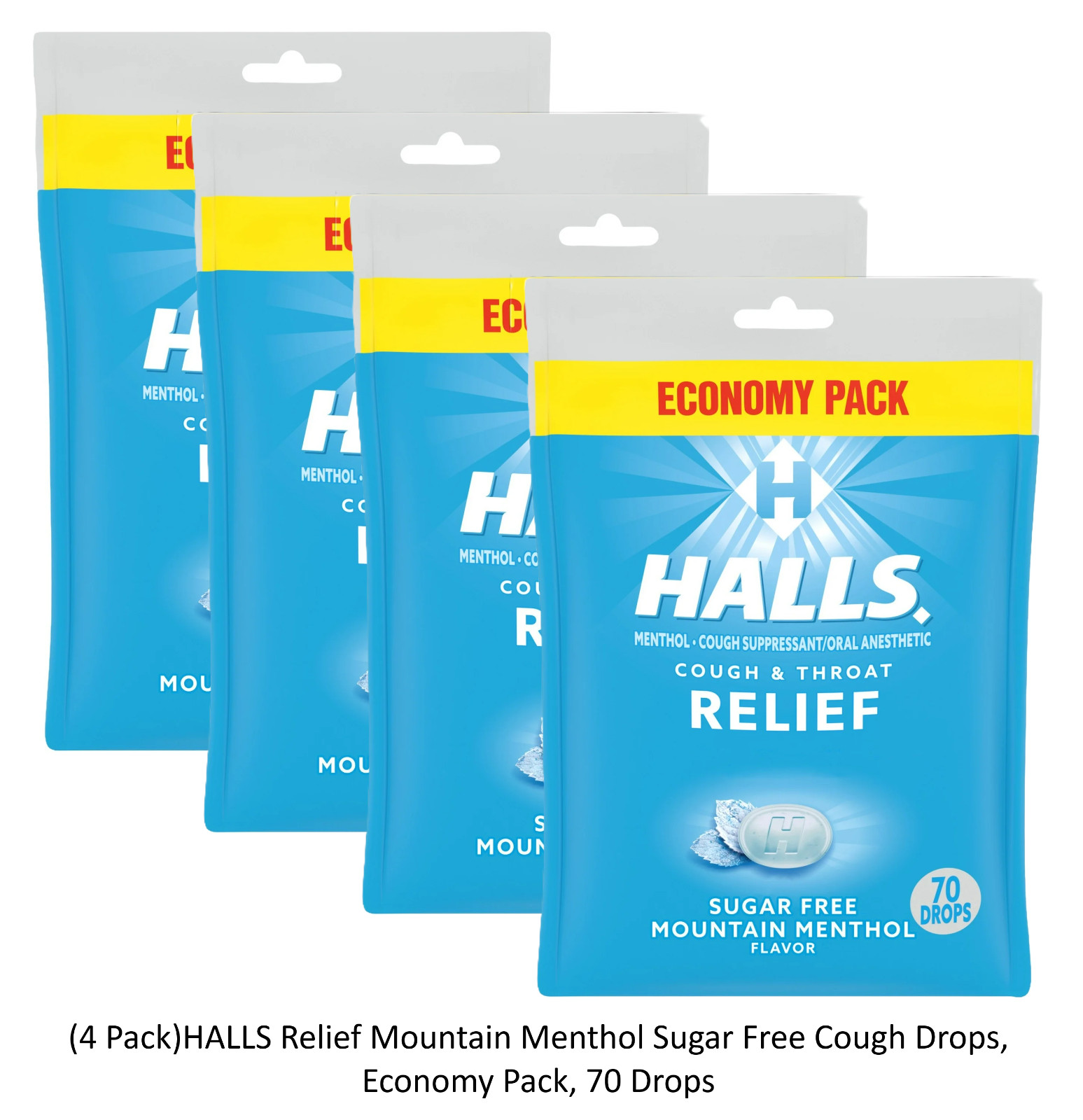 4 PACK HALLS Relief Mountain Menthol Sugar Free Cough Drops, 70 Drops