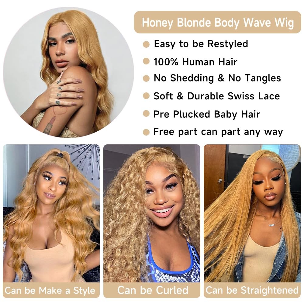 Human Hair 30 Inch Honey Blonde Lace Front Wig 13×4 Pre Plucked Body Wave
