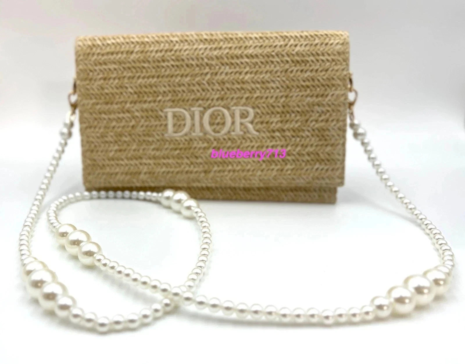 New! D ior Straw Beige Makeup Zipper Bag with Chain