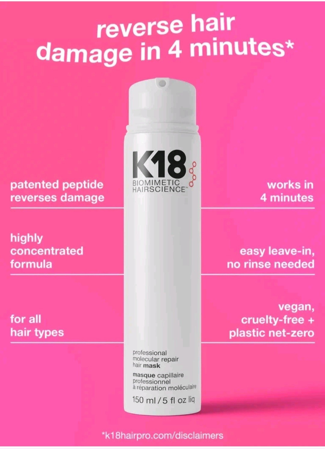 K18 Biomimetic Hairscience Leave-In Hair Mask 150ml / 5 fl oz – New Made IN USA