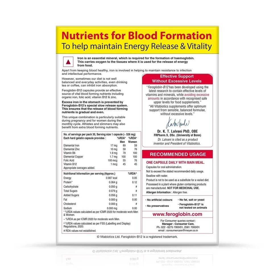 2 x Feroglobin B12 Capsules 60 Iron Folic Acid B6 B12 Zinc Hemoglobin Support