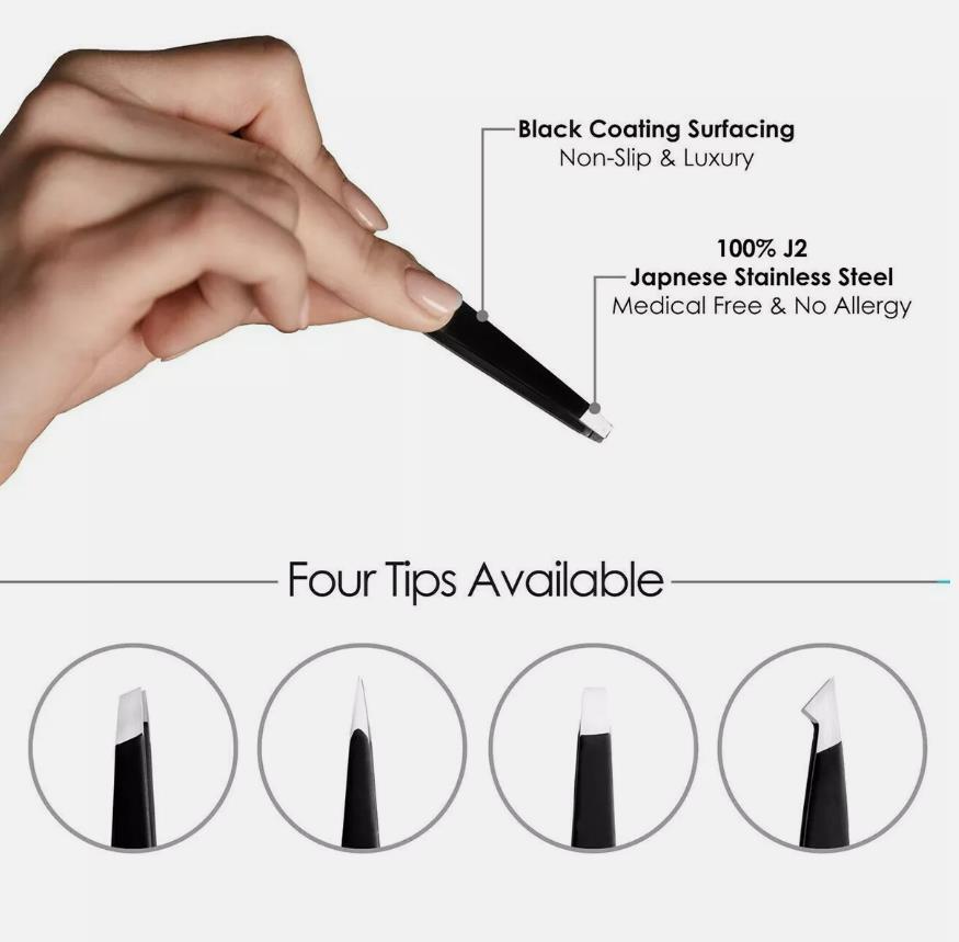 US Tweezers Set 4 Piece Professional Black Plucker Stainless Steel With Case