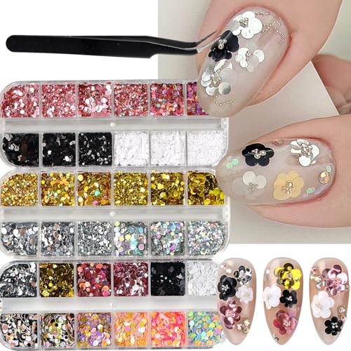 Nail Glitter Set with Tweezers Colorful Round Dot Circular Design Sequins