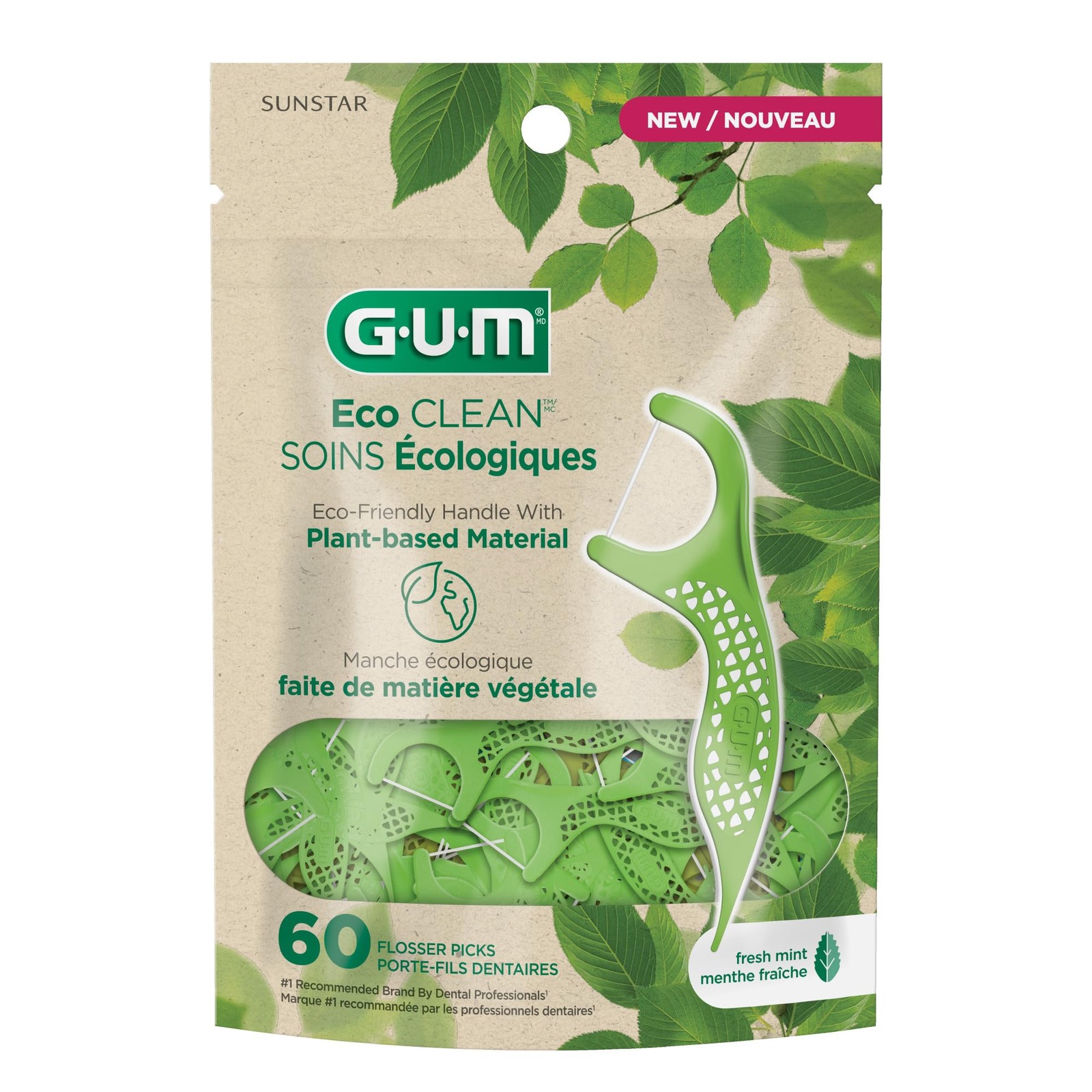 GUM Eco Clean Flosser Picks, Promotes Healthier 60 Count (Pack of 3), Green