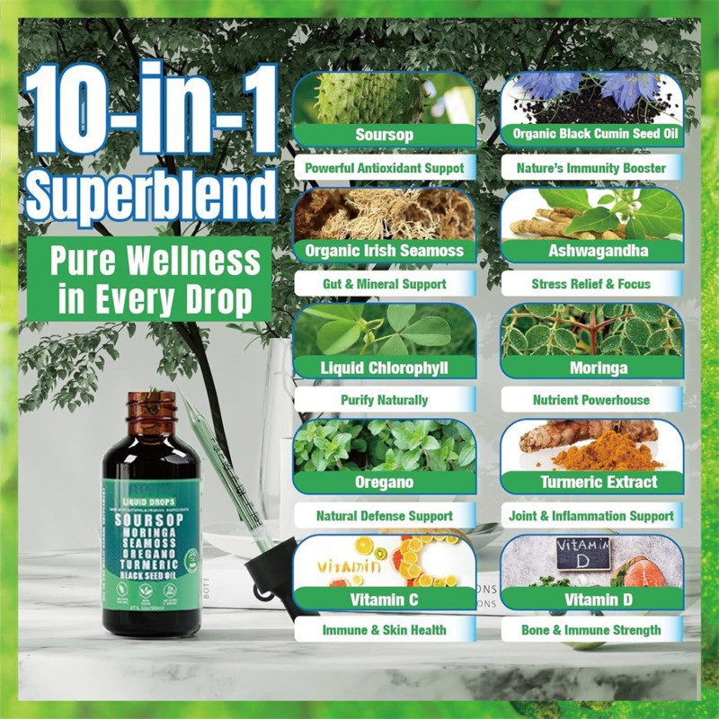 Soursop Pure Liquid Drops.10-in-1 Herbal Blend for Immune & Wellness Support