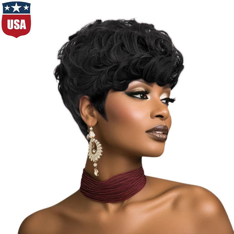 Short Curly Layered Pixie Cut Wigs for Women Human Hair Wave Wigs None Lace USA