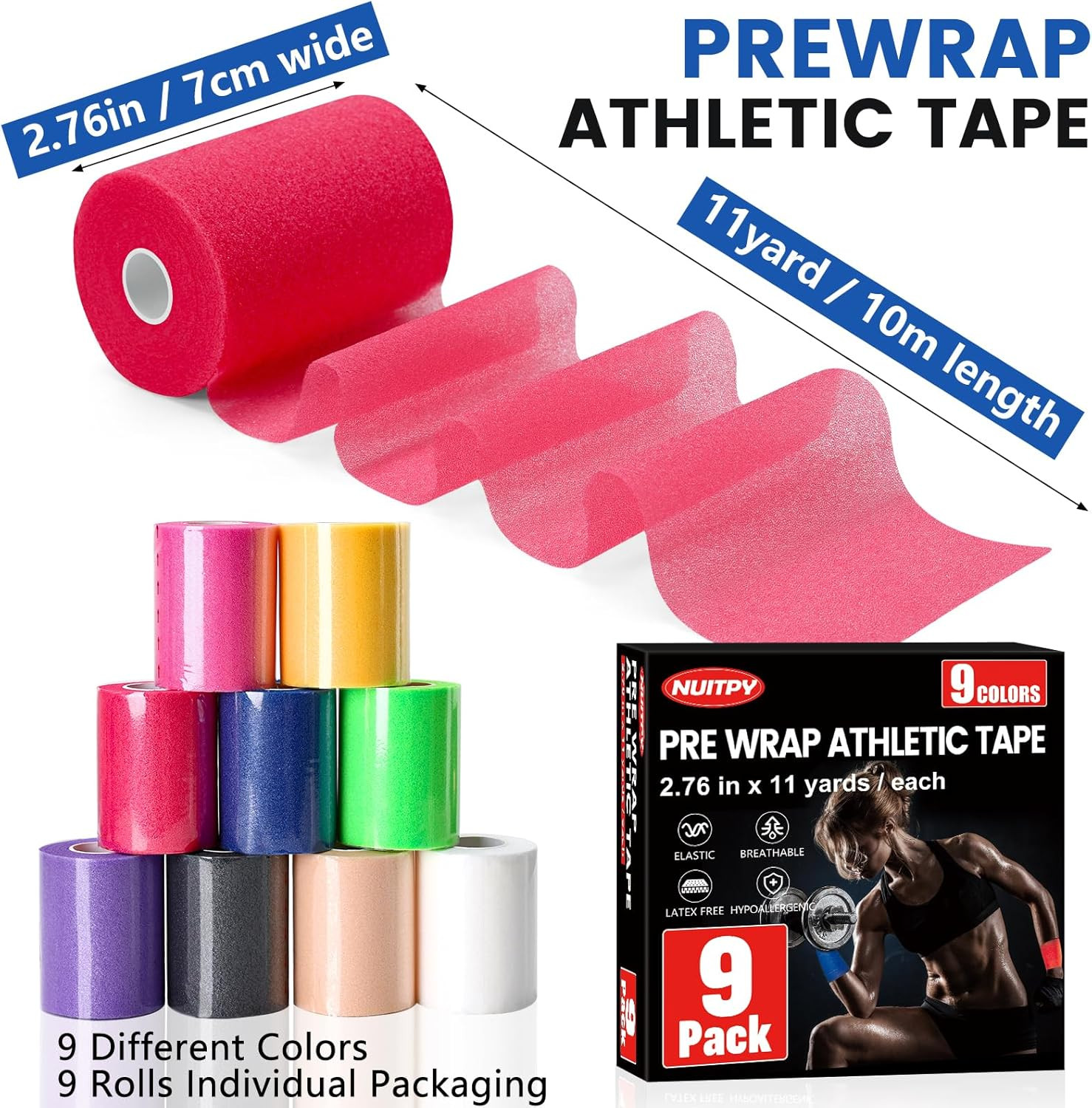 9 Pack Pre Wrap Tape, 9 Colors 2.76 Inch X 11 Yards Prewrap Athletic Tape for Ha