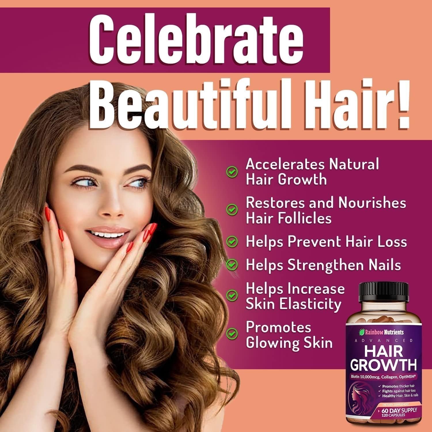 Rainbow Nutrients Hair Growth Vitamins w/ Biotin 10,000mcg &Collagen 120Capsules
