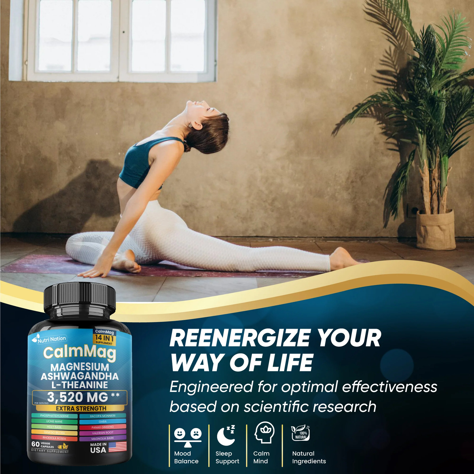Best Magnesium Glycinate with Ashwagandha and L-Theanine 14 in 1 Supplement 60