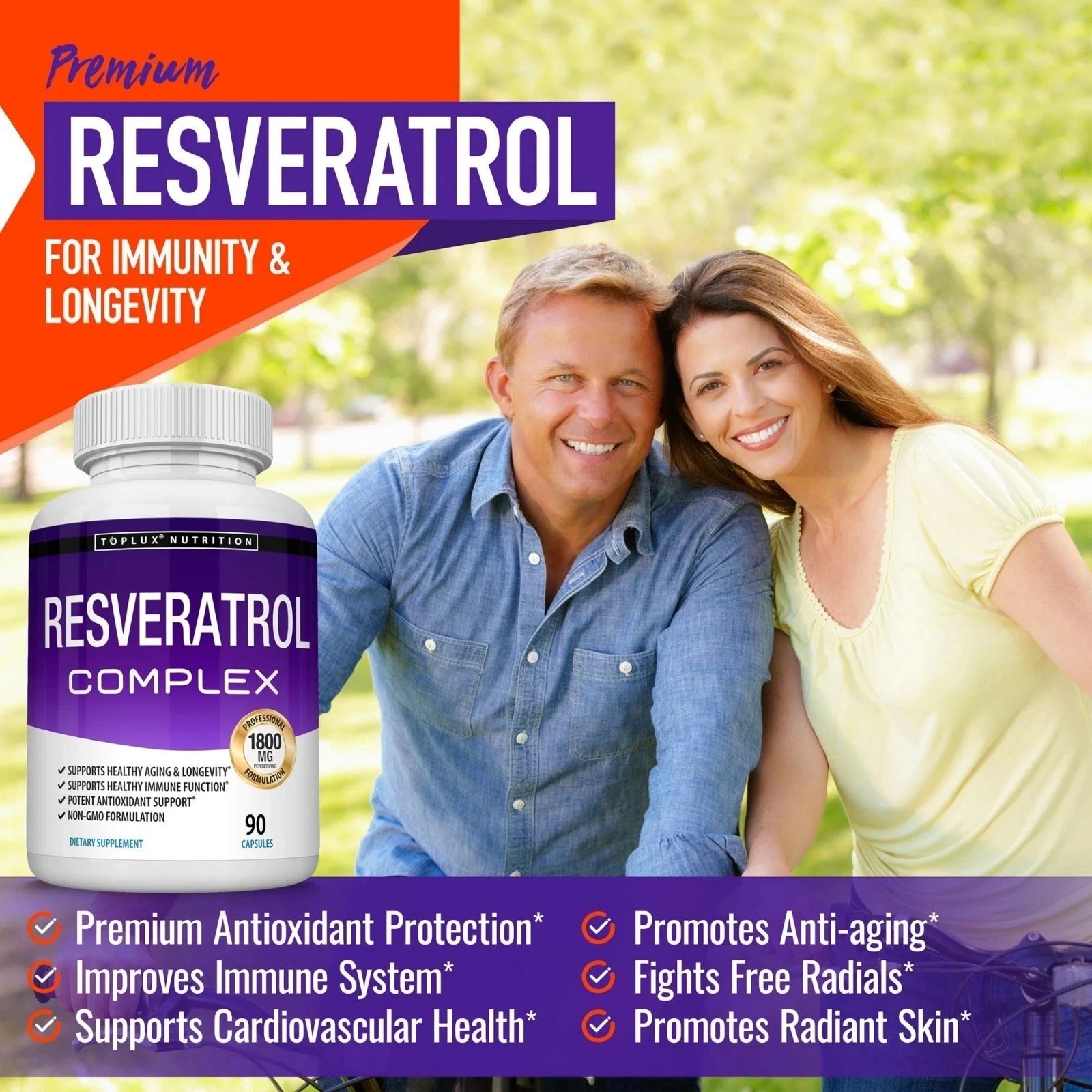 Toplux Resveratrol Complex,1800mg Natural Antioxidant,Cellular Health 90 Caps