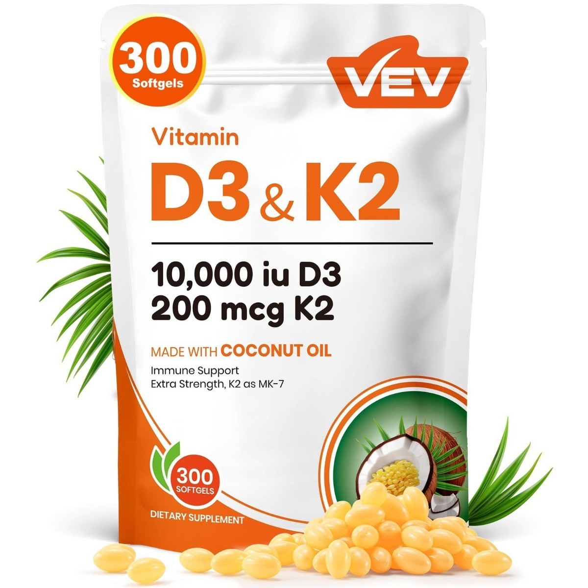 VEV Vitamin D3 & K2 10000 IU.300 Coconut Oil Softgels, 2-in-1