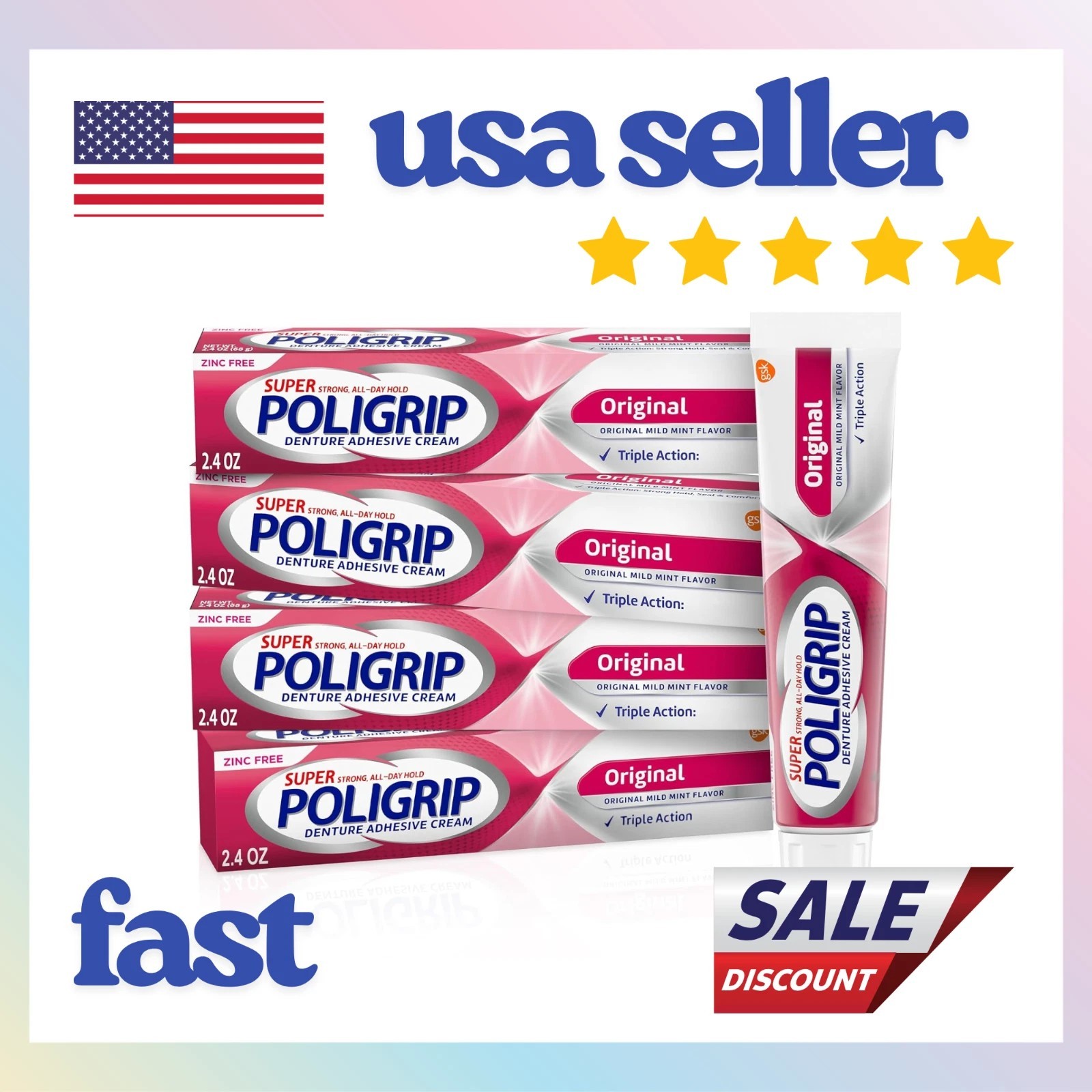Super Poligrip Zinc Free Denture and Partials Adhesive Cream, 2.4 ounce, 4 Pack