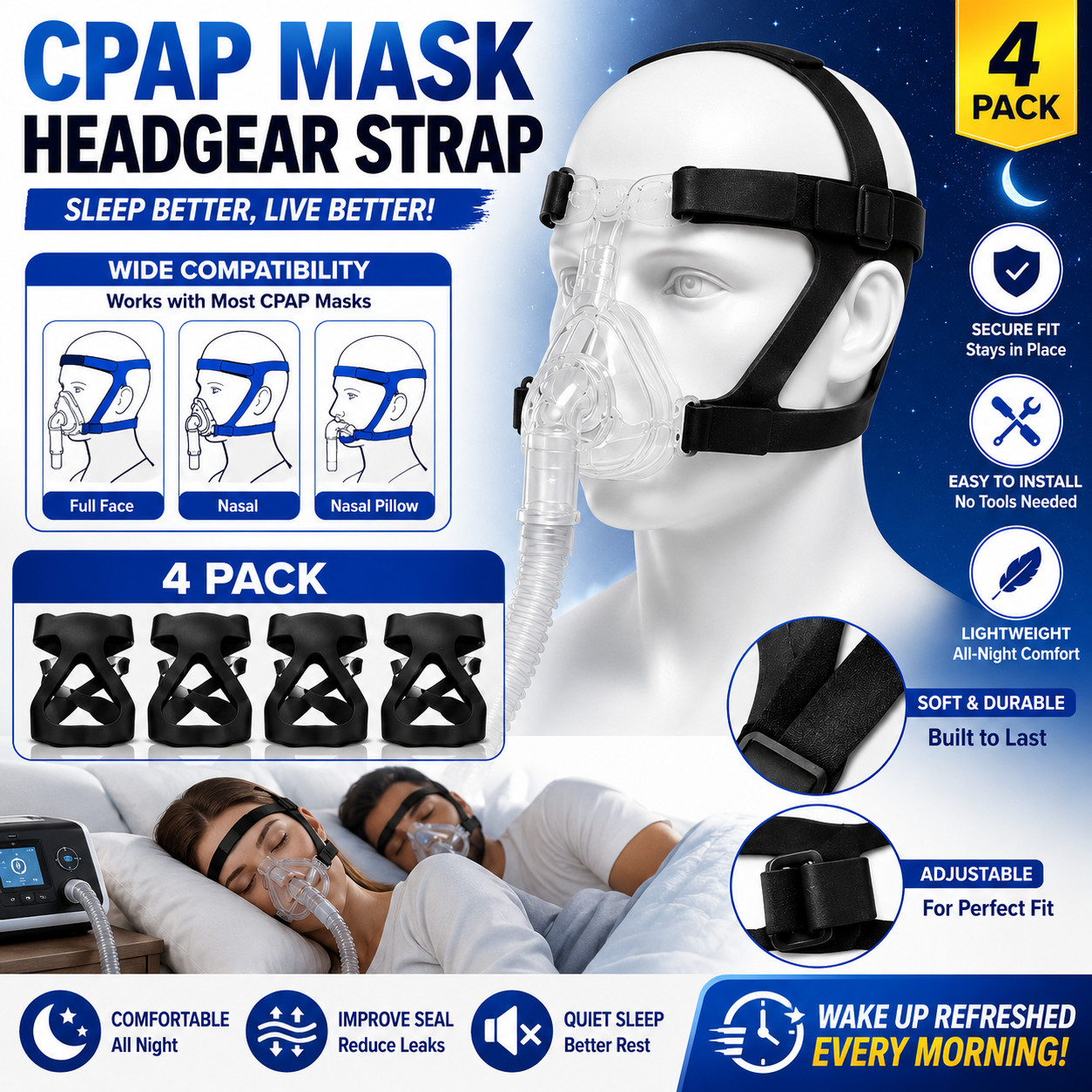 4 Pack CPAP Headgear Strap Replacement Soft Stretch Daily Backup Set