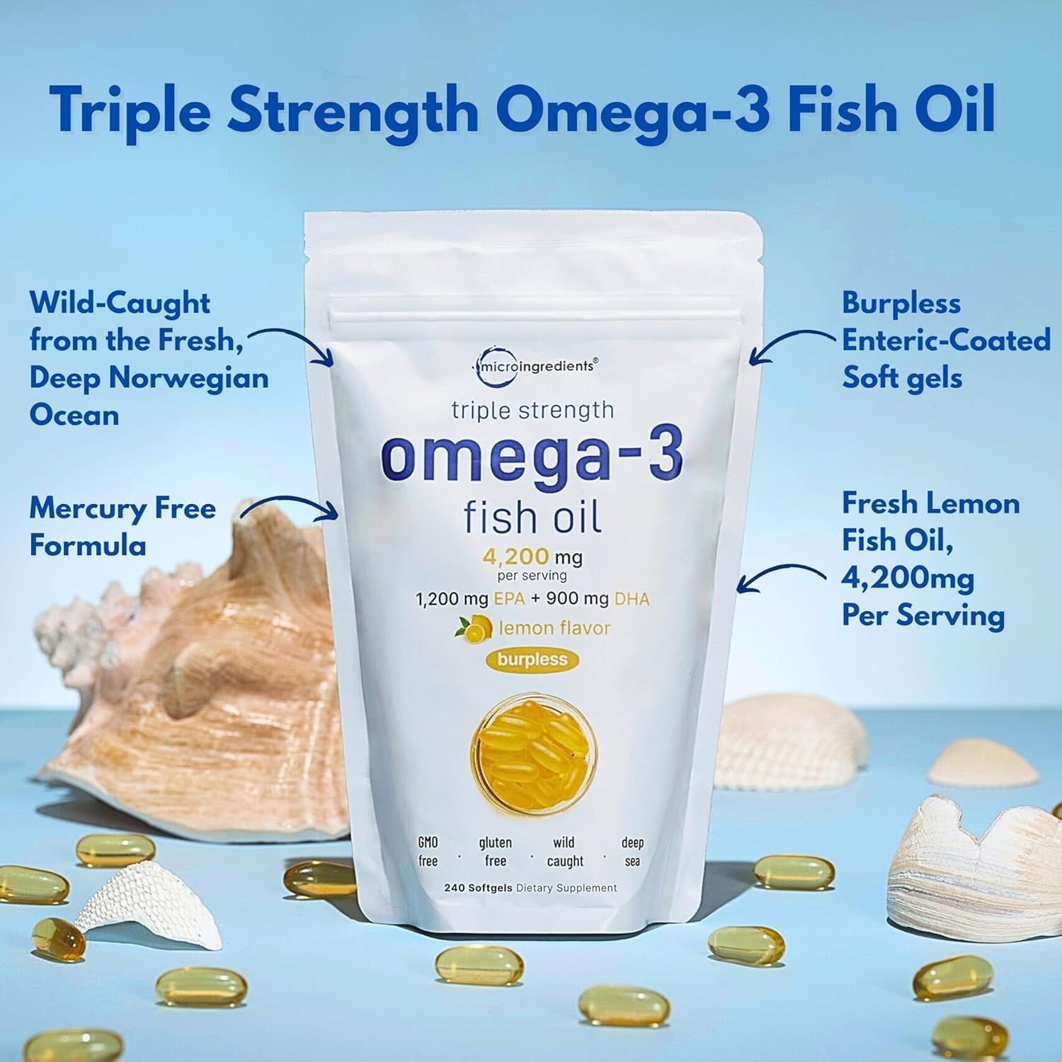 Triple Strength Omega-3 Fish Oil 4200mg Softgels – Lemon Flavor & Burpless, 2…