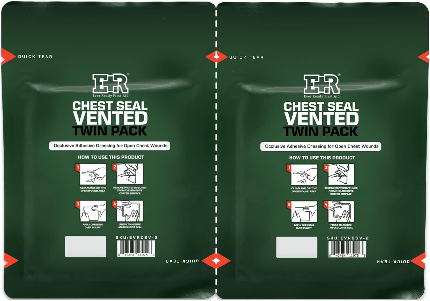Ever Ready First Aid Vented Chest Seal Twin Pack for Wounds 6.6”