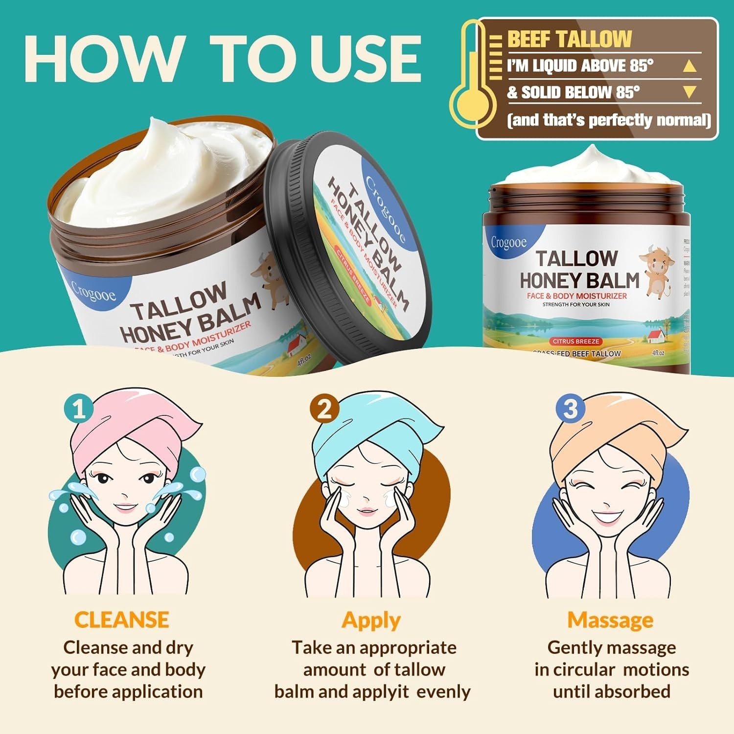 Whipped Beef Tallow Balm Grass Fed Honey Moisturizer Face Body 2oz