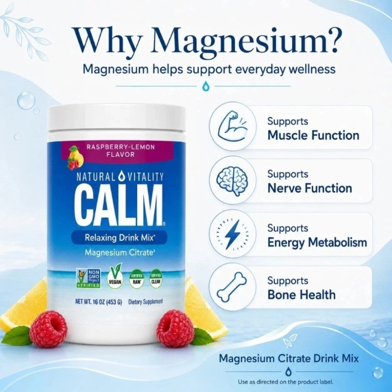 Natural Vitality CALM Raspberry Lemon Magnesium Citrate 16oz – 1/2/3 Bottles