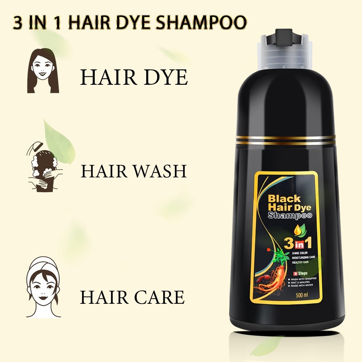 Black Hair Dye Shampoo 3 in 1 Semi Permanent Hair Color Shampoo for Gray Hair