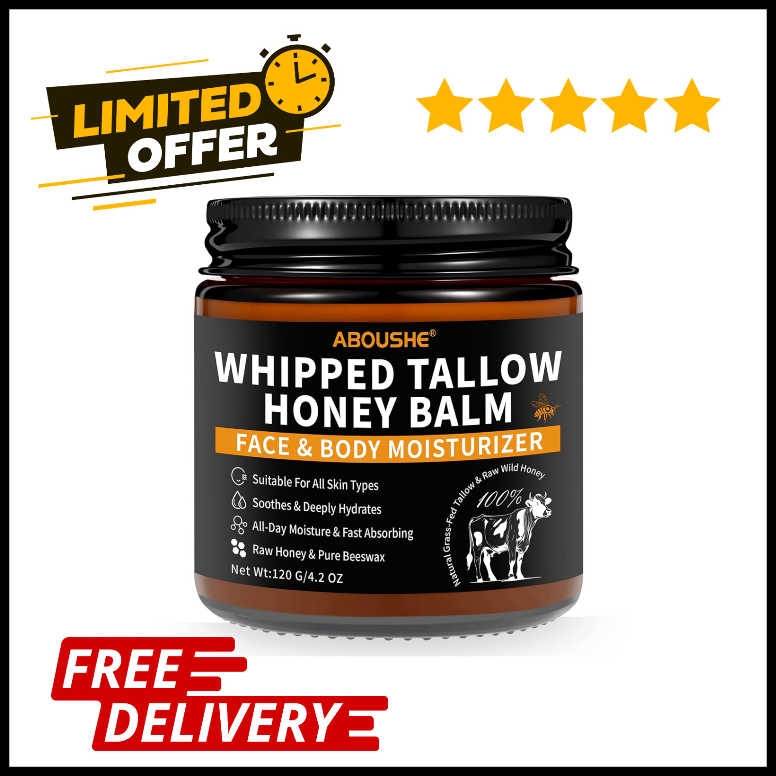 Beef Tallow for Skin, Tallow and Honey Balm for Face, Organic Grass-fed Beef
