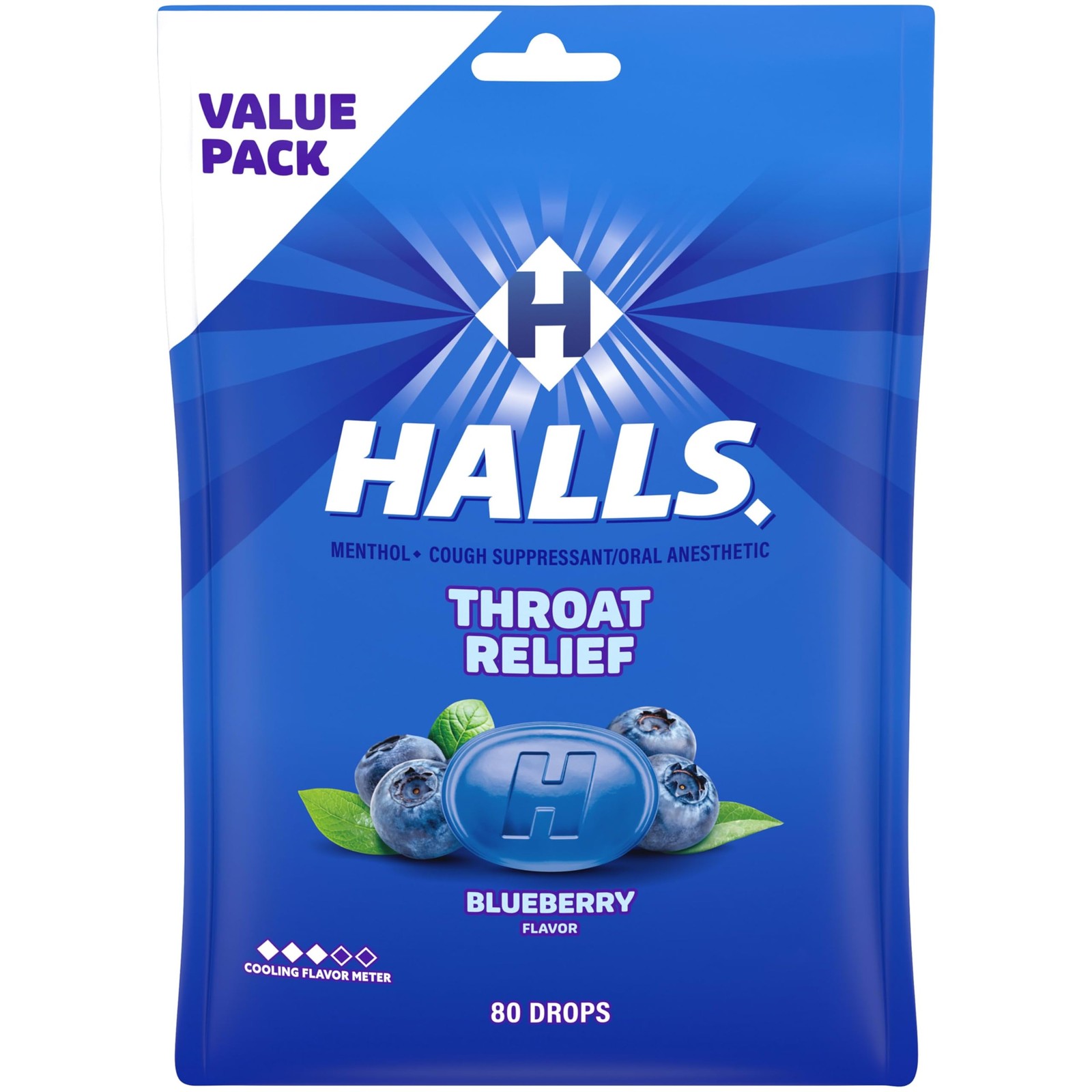 Halls Throat Relief Blueberry Cough Drops, Value Pack, 80 Drops