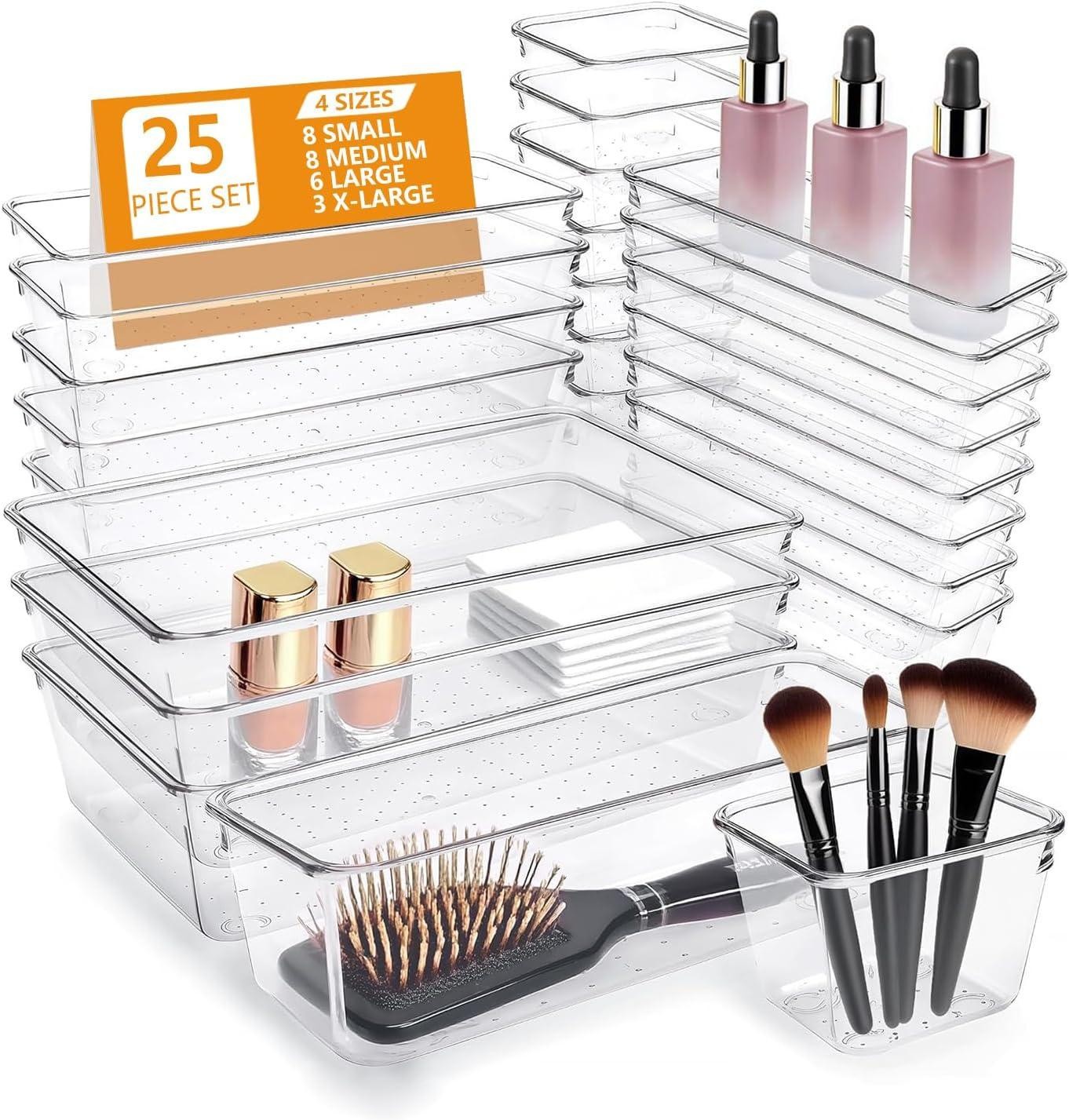 25 Pcs Makeup Drawer Organizer Set, 4 Sizes Versatile Bathroom and Vanity