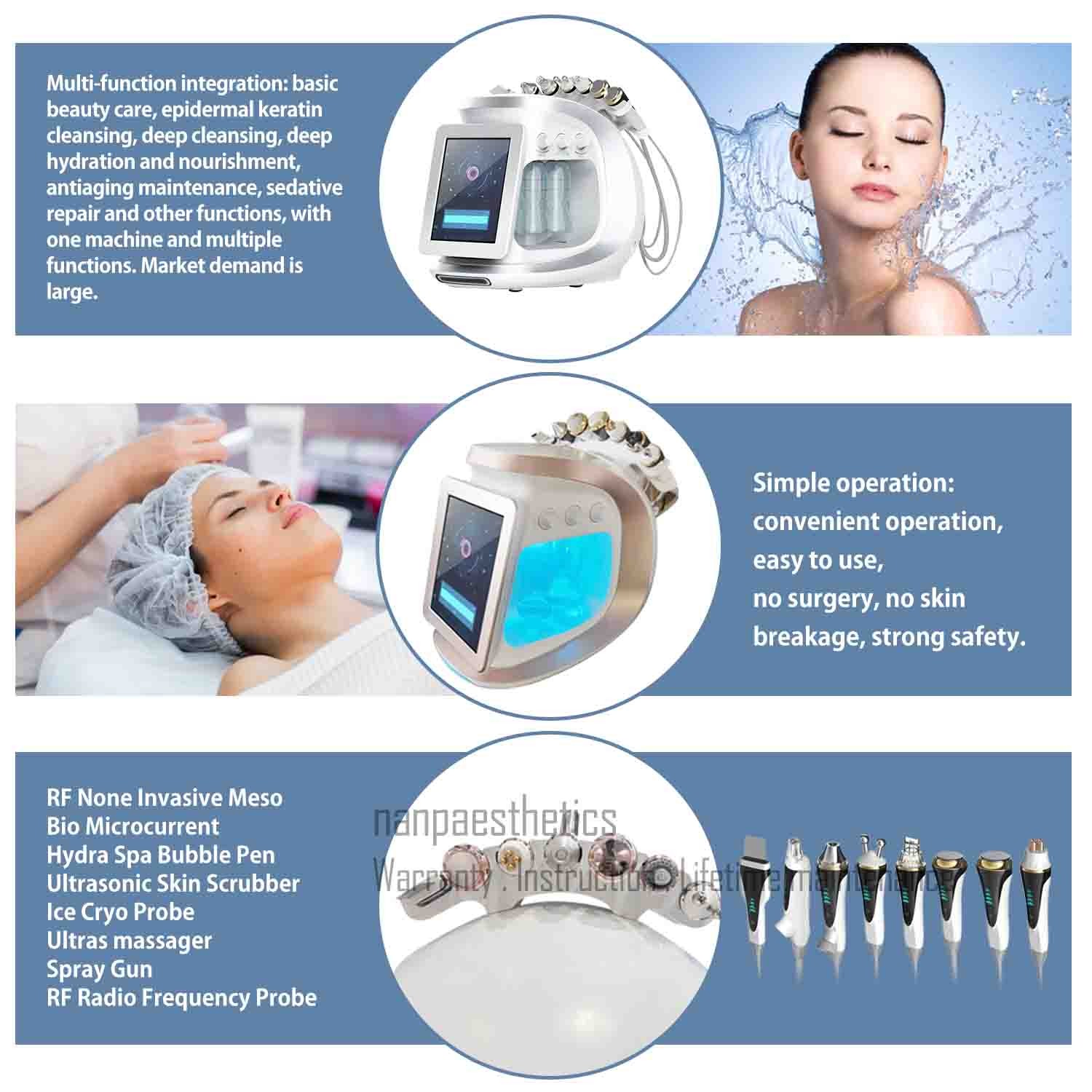 8in1 Hydra Dermabrasion RF Microcurrent Ice Cold Hammer Meso Facial Spa Machine
