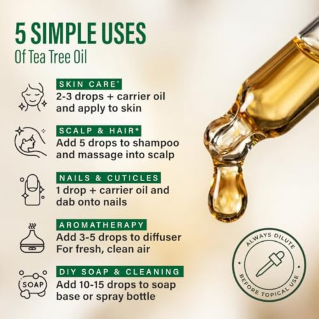 100% Pure & Natural Tea Tree Oil for Skin, Hair, Toenails, Aromatherapy, & Soap