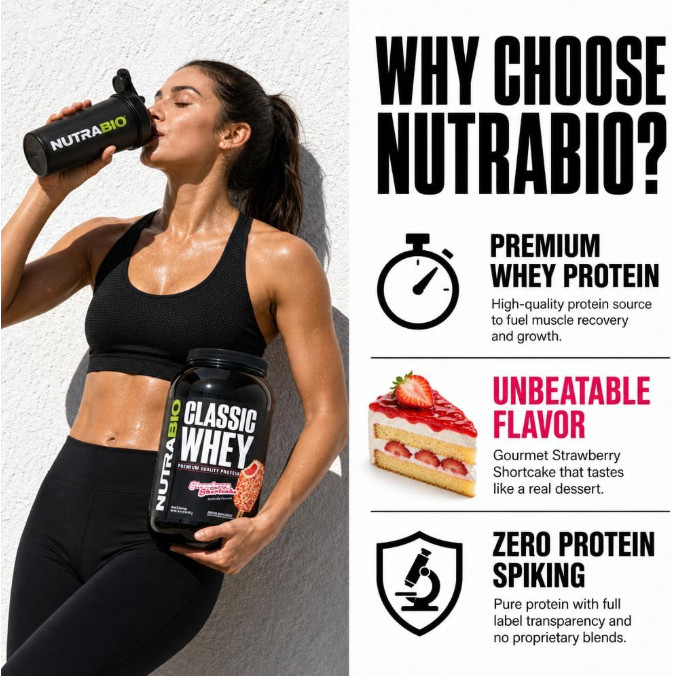 NutraBio Classic Whey Protein Powder, Strawberry Shortcake, 2 lb, 25g Protein