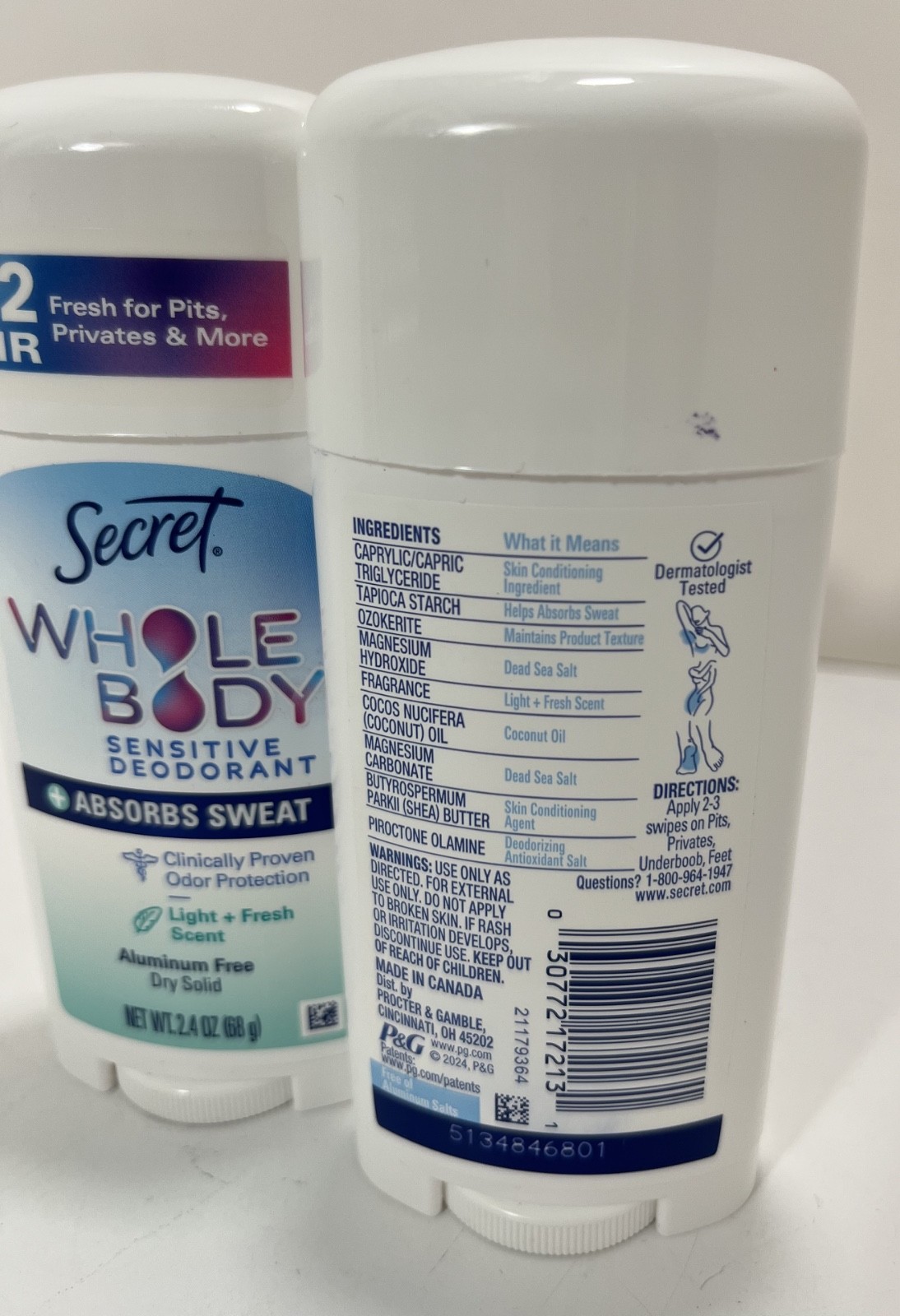 2x Secret WHOLE BODY Sensitive Deodorant LIGHT+FRESH Scent, 2.4oz each – New