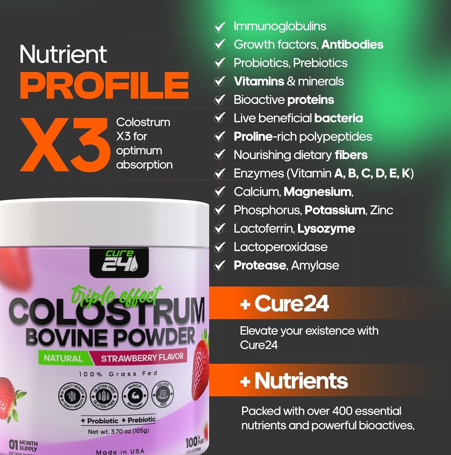 Bovine X3 Colostrum Supplement Powder for Humans, 100% Pure Whole Natural Grass