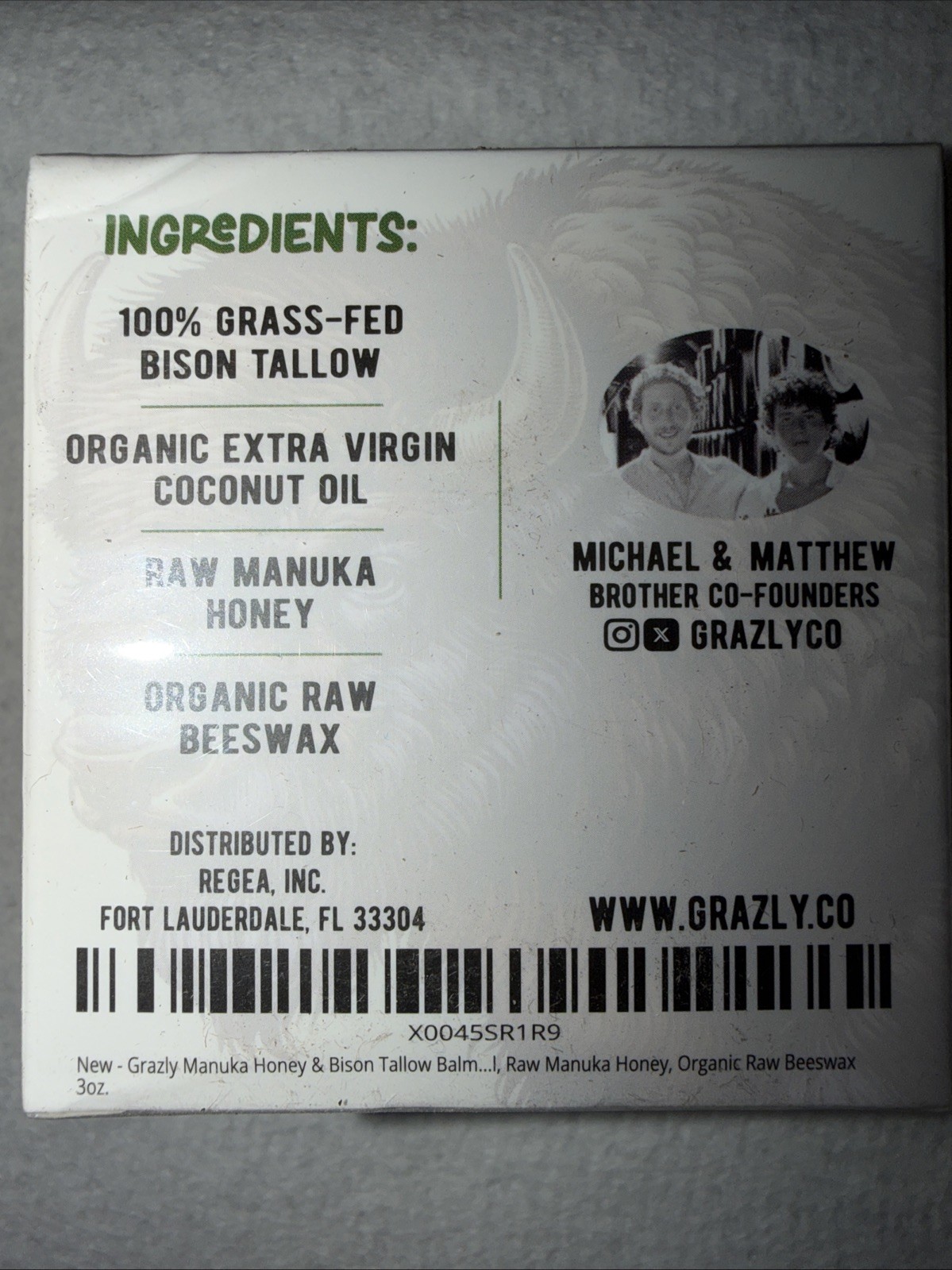 Grazly Grass Bison Tallow Balm Unscented W/Coconut Oil, Honey & Beeswax Lot Of 2