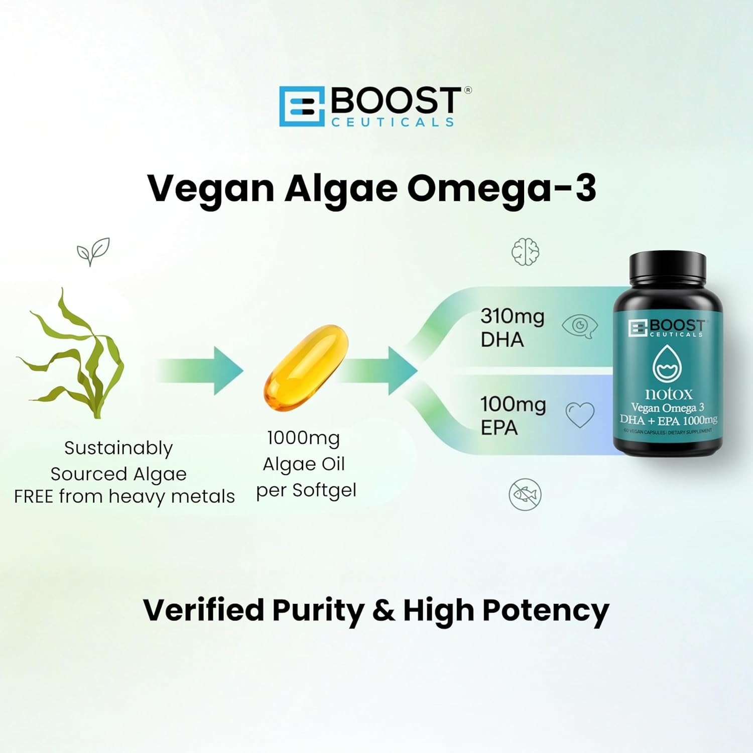 BoostCeuticals Notox Vegan Omega 3 DHA + EPA 1000mg Algae Oil -60 day Supply –