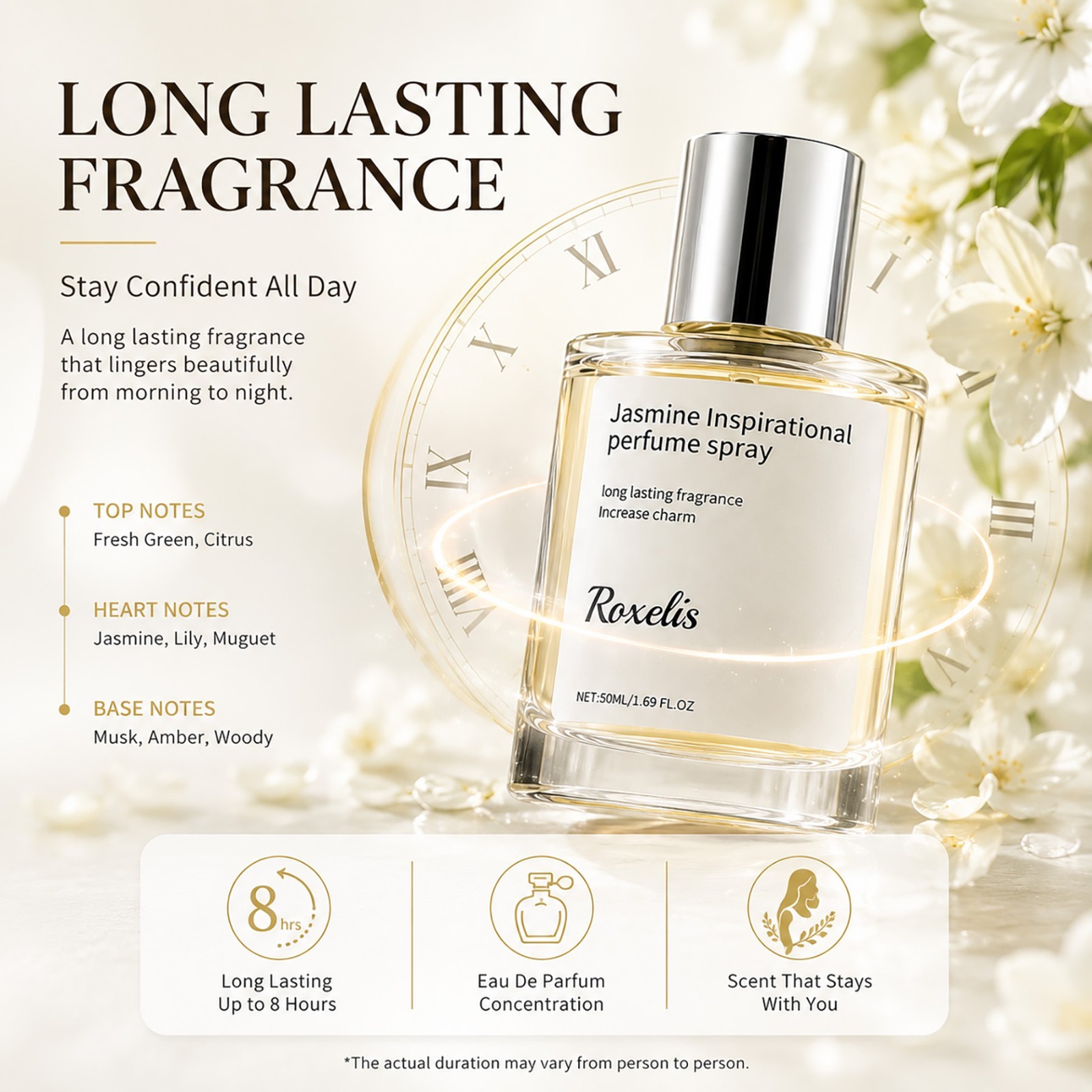Long Lasting Jasmine Perfume for Women Fresh Floral Eau De Parfum Spray 50ML