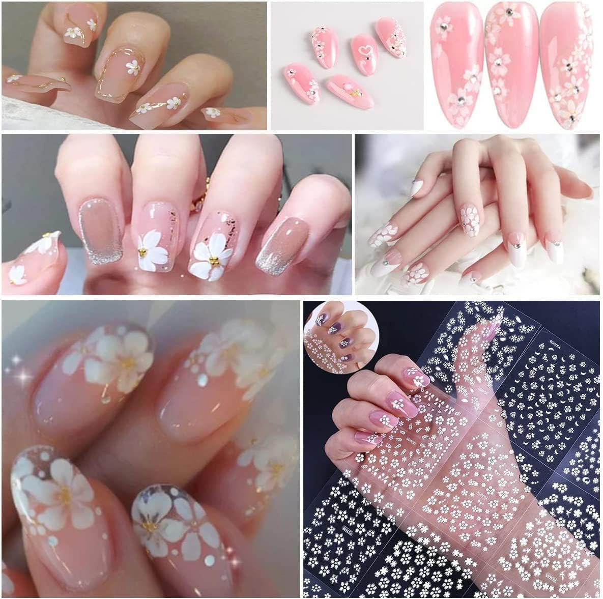 White Flower Nail Art Stickers White Flower with Rhinestones Nail Decals 3D Self