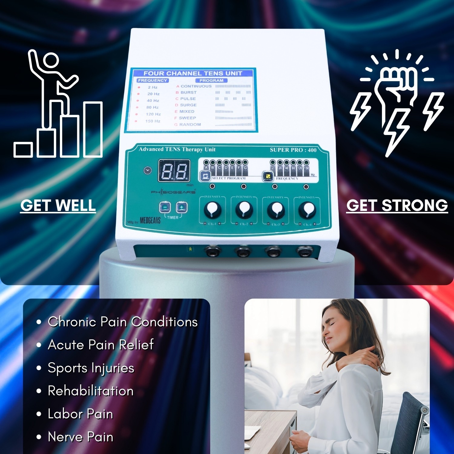 Physiogears Super Pro 400 Four Channel TENS Physiotherapy Machine Digital Pain