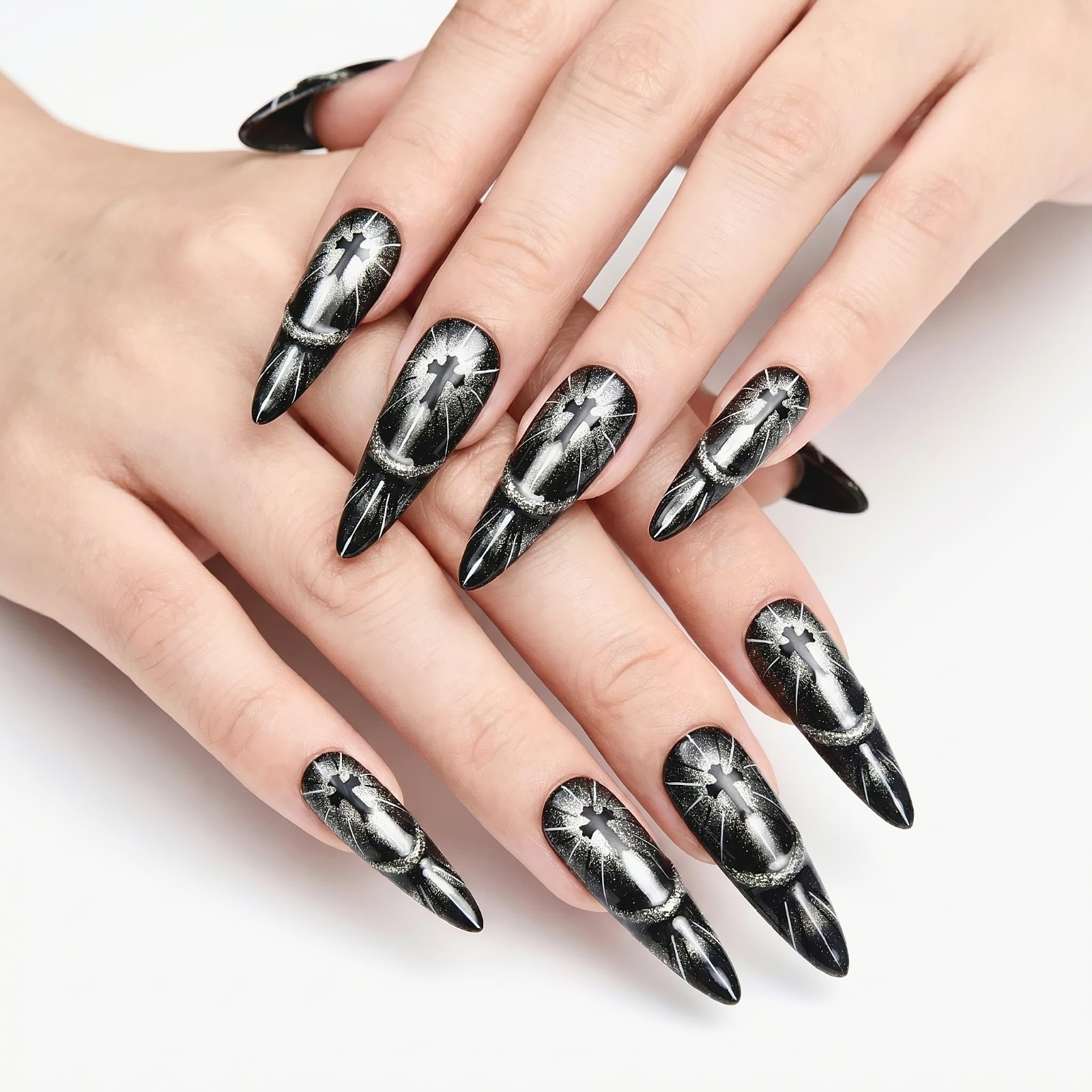 Gothic Press On Nails – 1.6in Ultra Long Stiletto Almond, Black 3D Cat Eye Desig