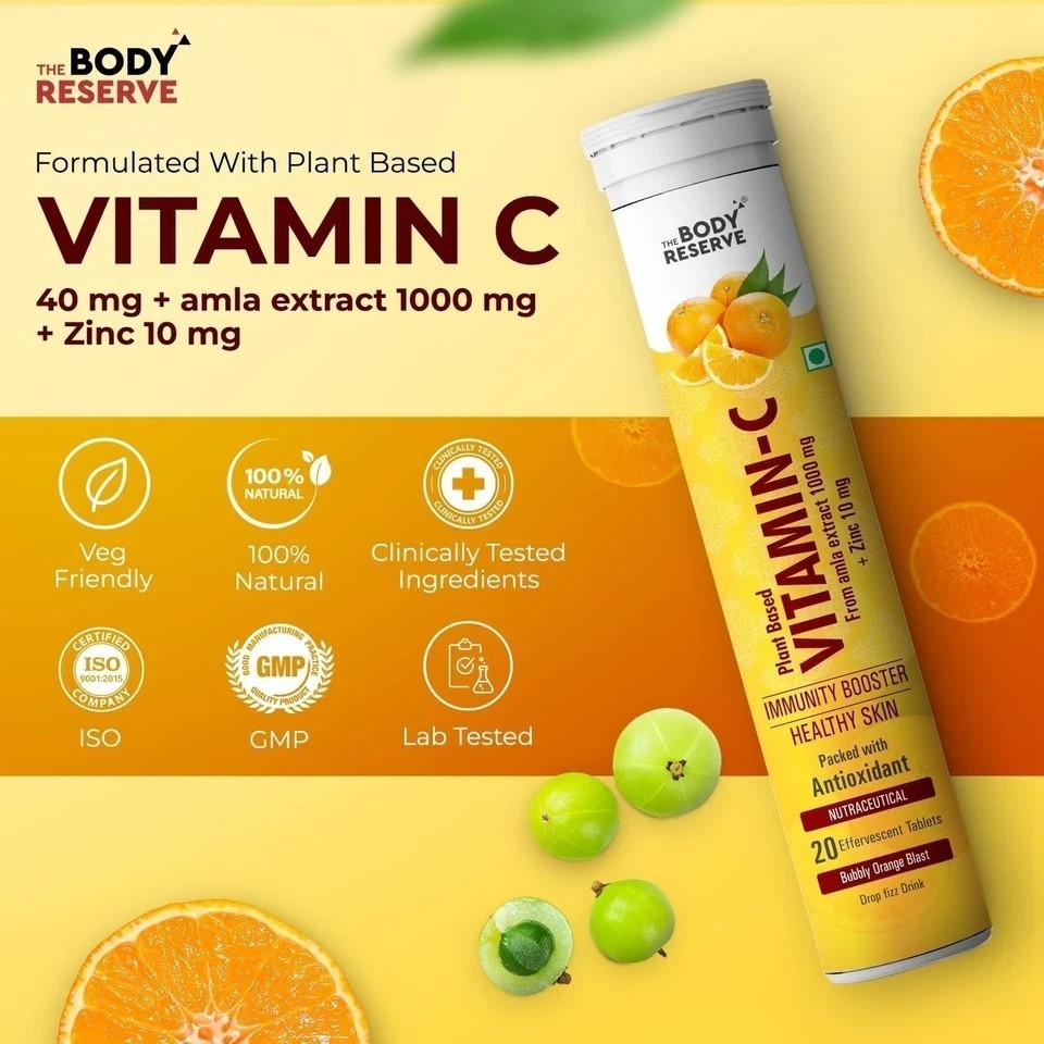 The Body Reserve Natural Vitamin C, Amla Extract With Zinc | Orange Flavour 120N