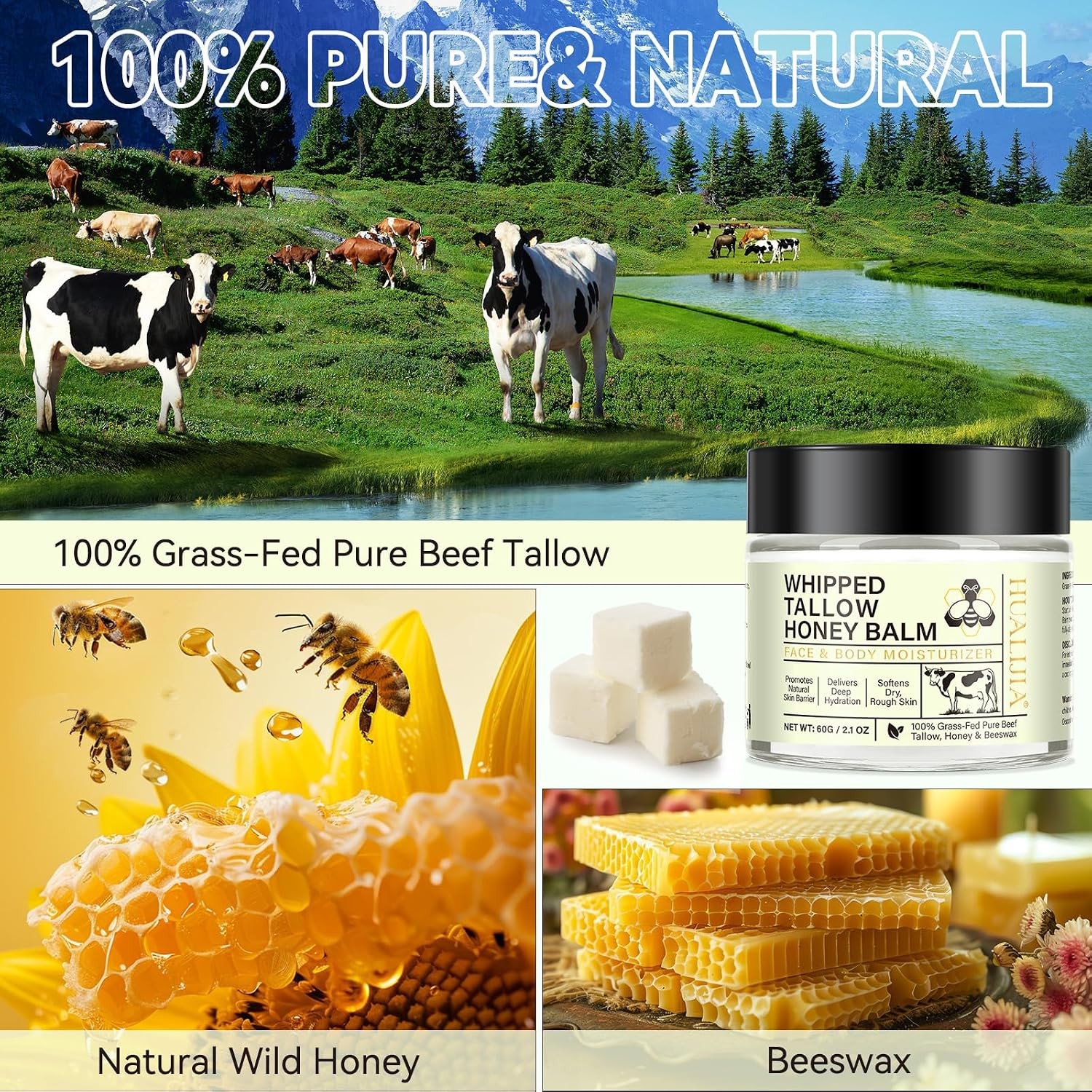 Beef Tallow for Skin, Organic Tallow and Honey Balm, Tallow Face Moisturizer, Gr