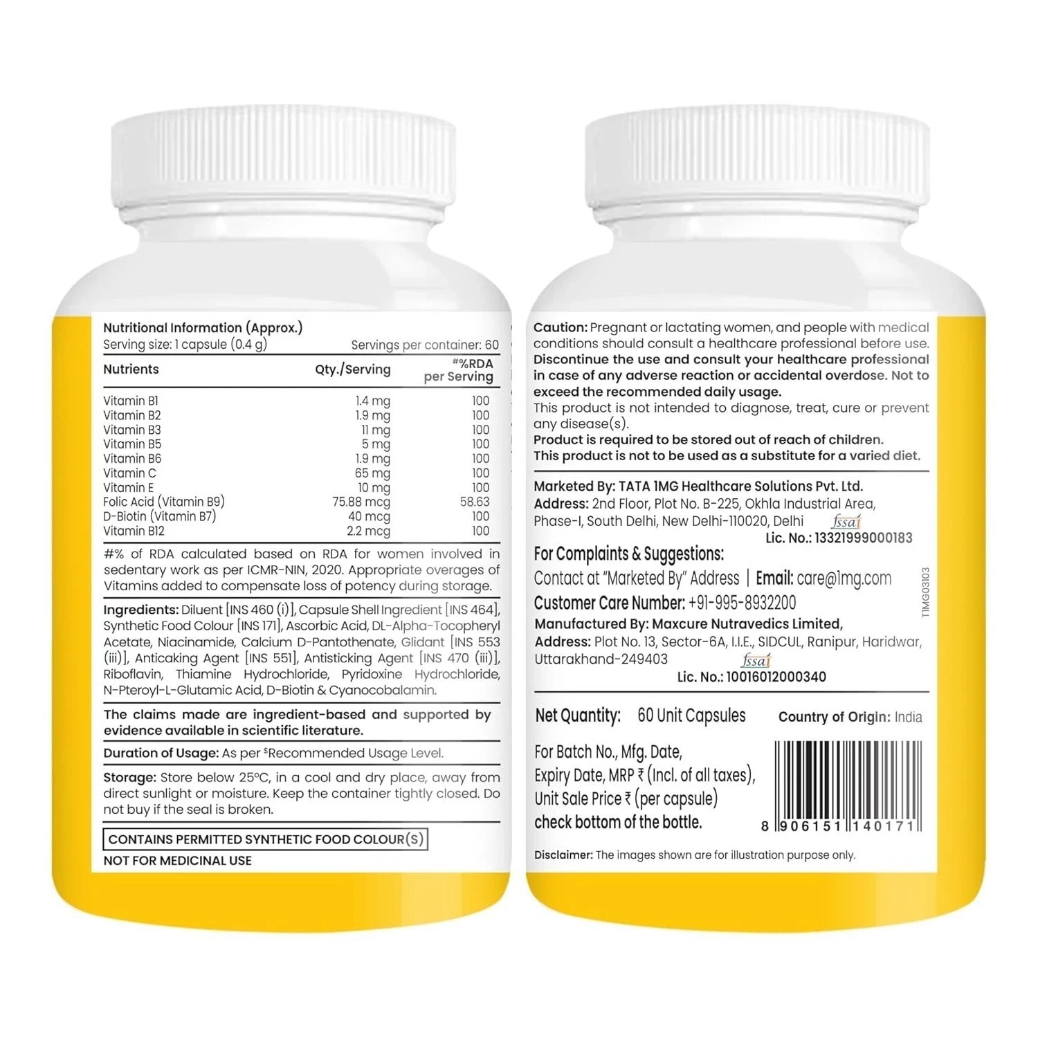 Tata 1mg Vitamin B Complex Capsules with, B1,B2,B3,B5,B6,Biotin (Pack of 60)