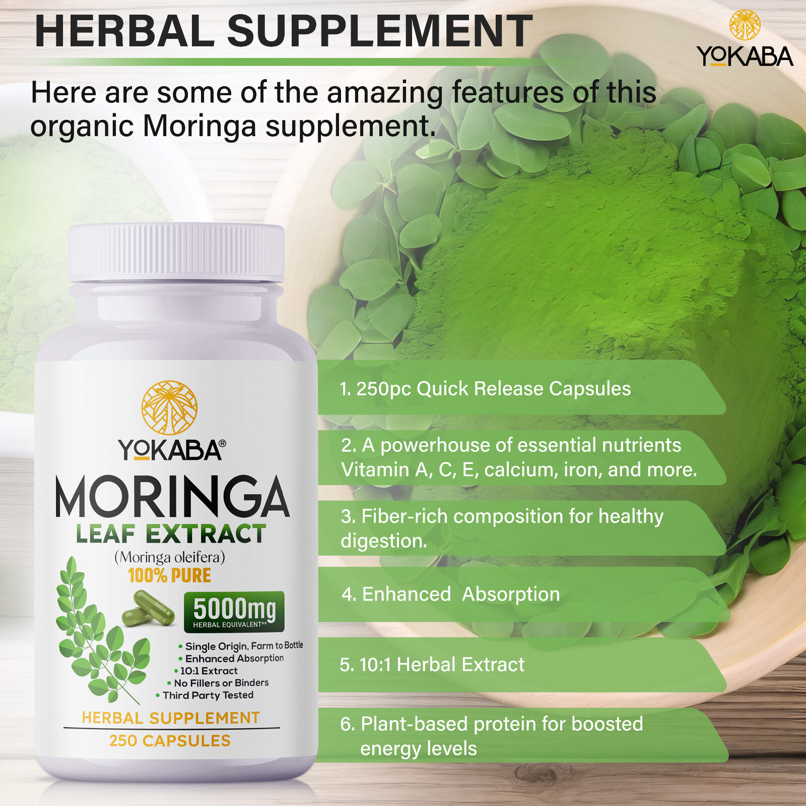 250 Capsules Moringa Oleifera Leaf Powder 5000mg – Organic Herbal Extract YOKABA
