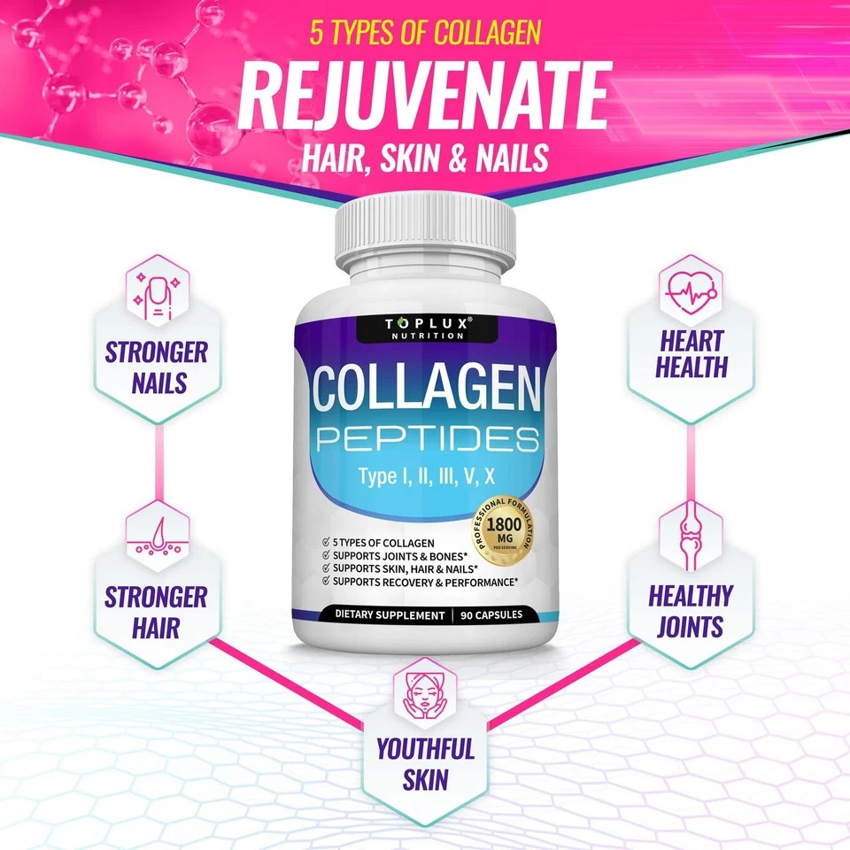 Toplux Multi Collagen Peptides 1800mg Types I II III V X 180 Capsules–