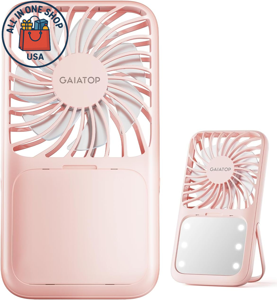 Portable Handheld Fan with LED Mirror and Rechargeable Battery